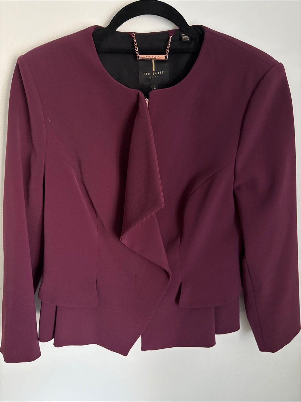Elegant Ted Baker London Women's Ruffle-Front Peplum Blazer Jacket in Purple Sz3